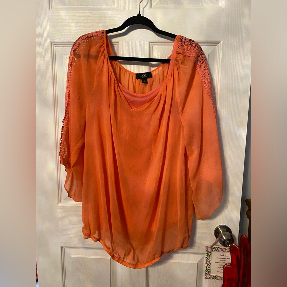 AGB Women's Orange Sheer Blouse with Lace Detail